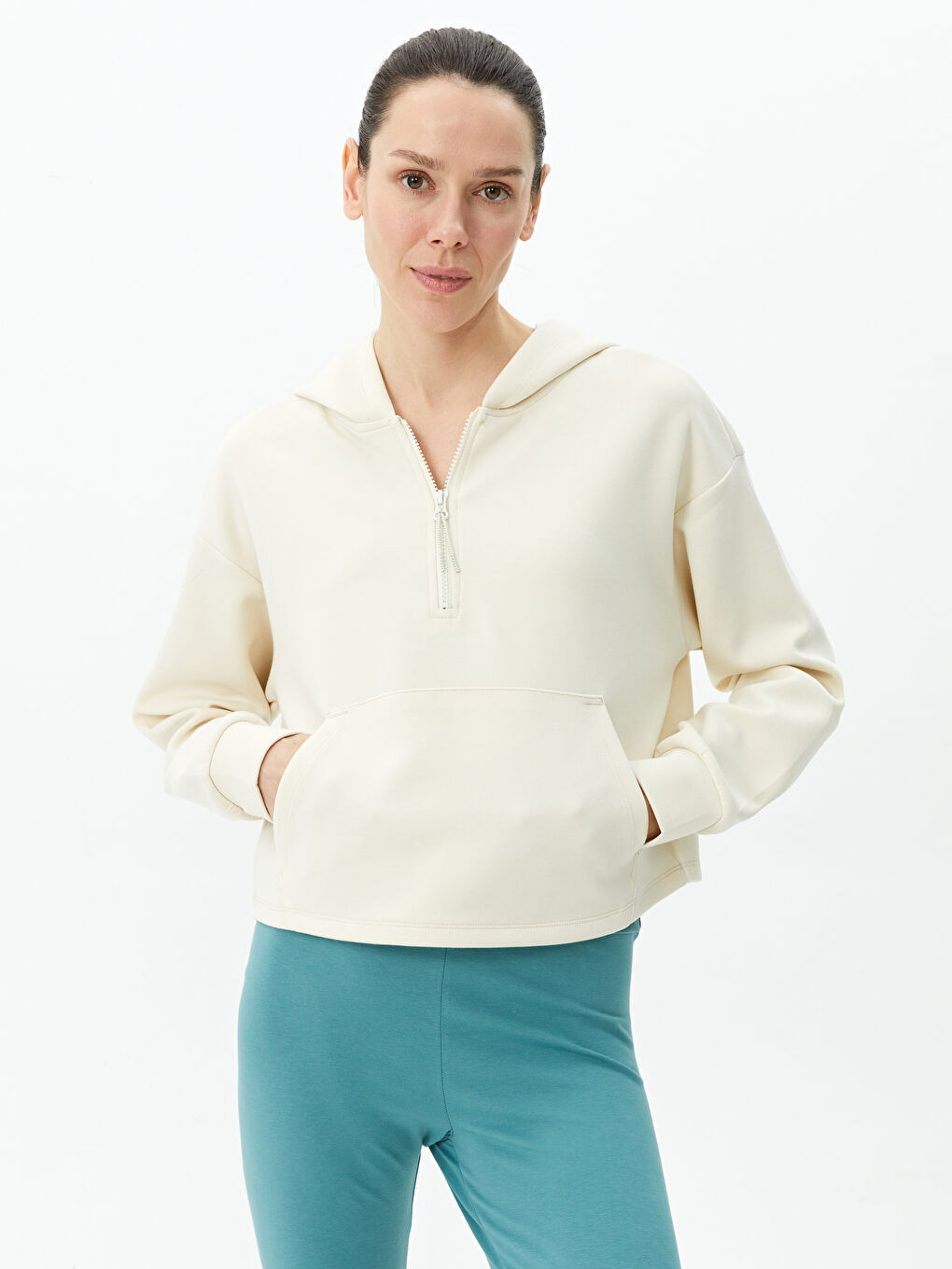 Ekru Düz Oversize Kadın Hoodie-1