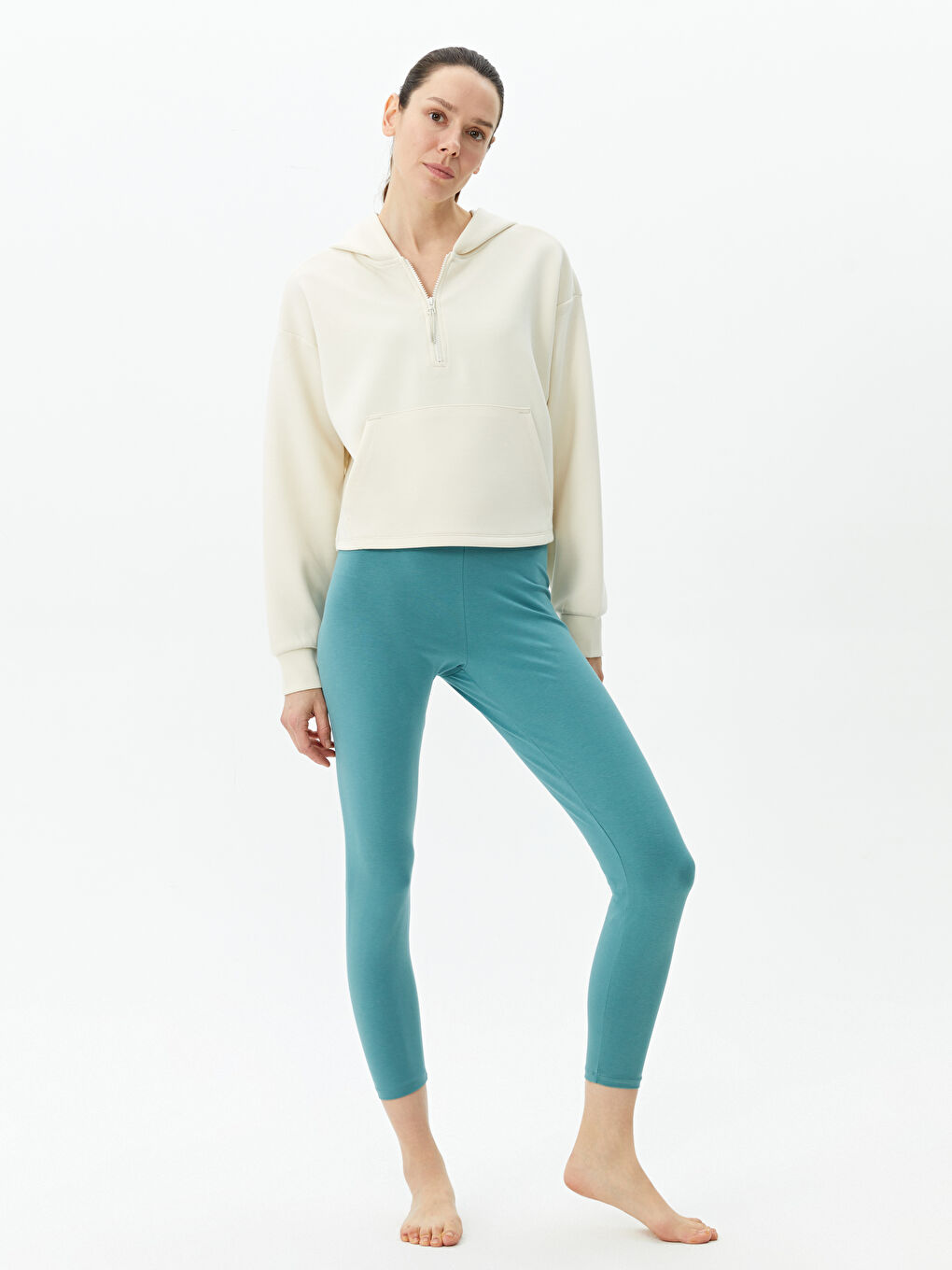 Ekru Düz Oversize Kadın Hoodie-2