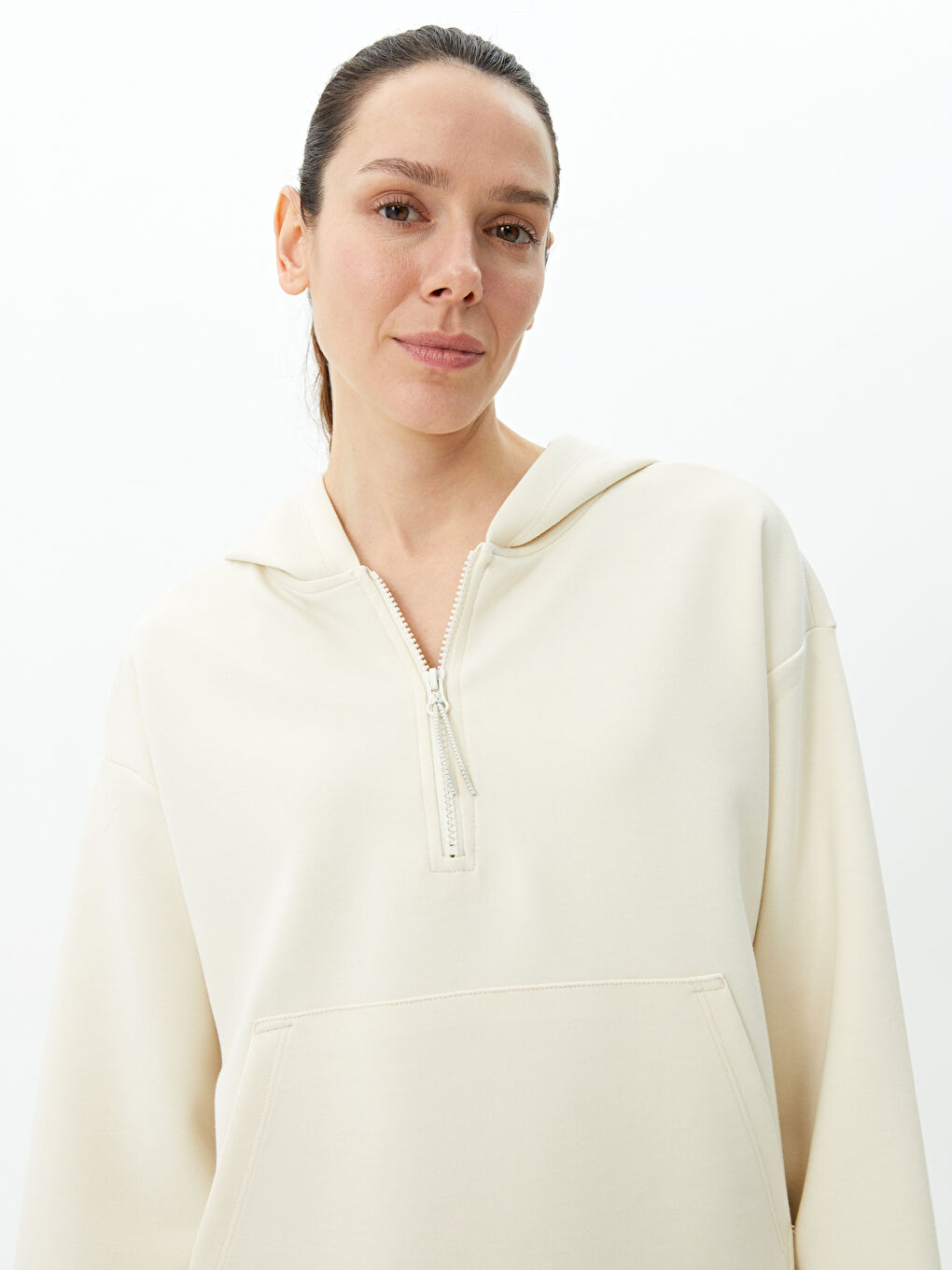 Ekru Düz Oversize Kadın Hoodie-3