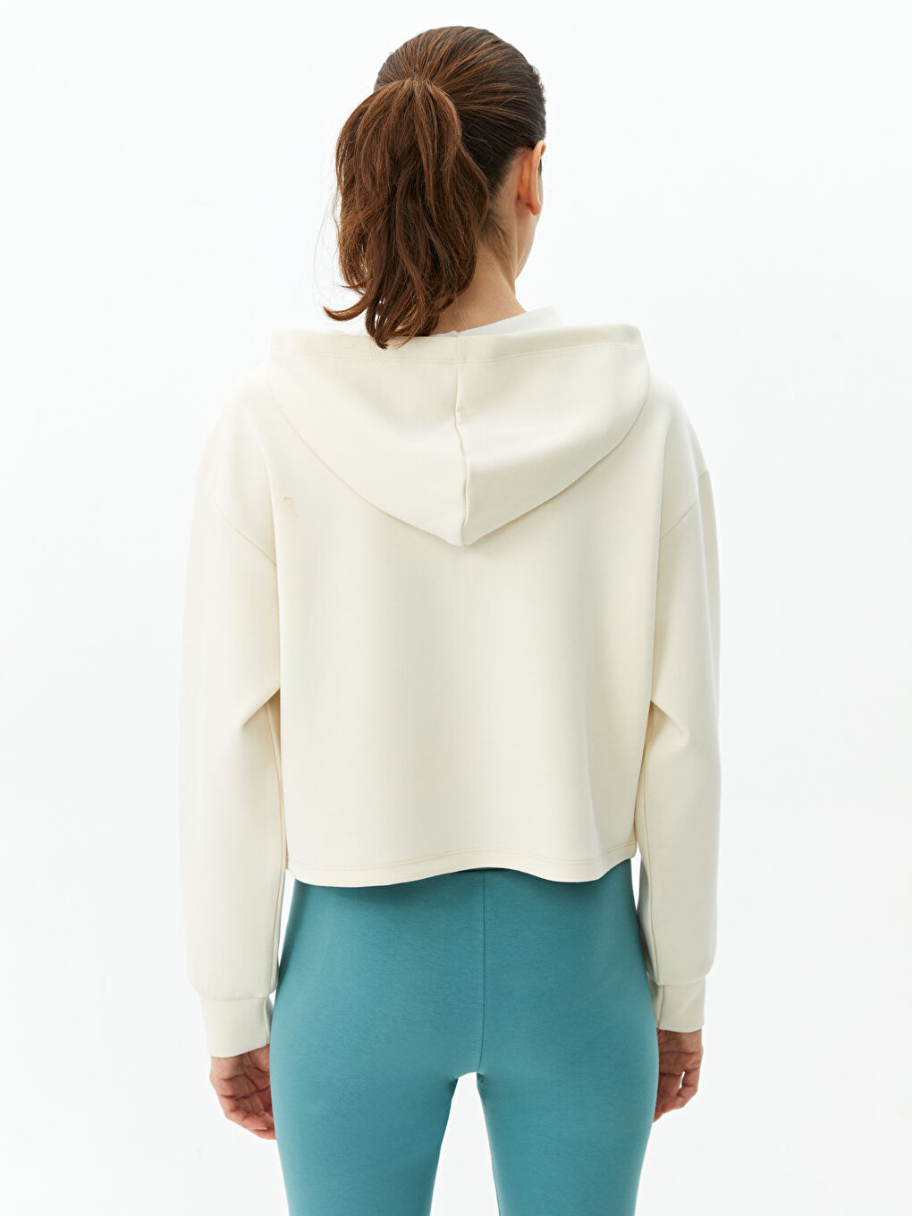 Ekru Düz Oversize Kadın Hoodie-4