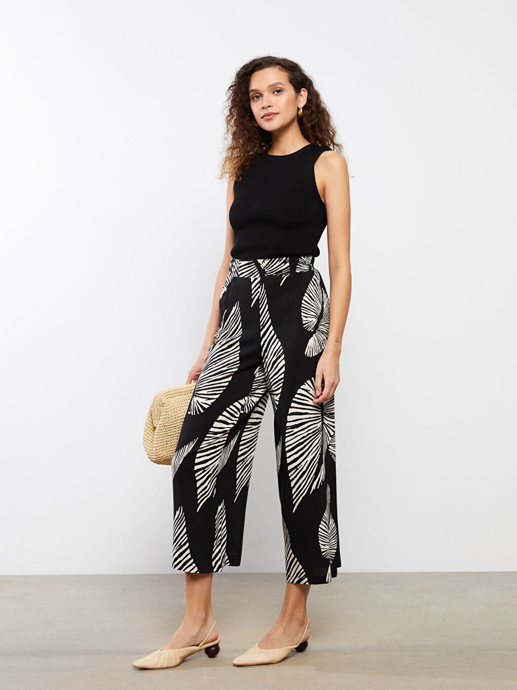 Siyah Beli Lastikli Desenli Kadın Palazzo Pantolon-1