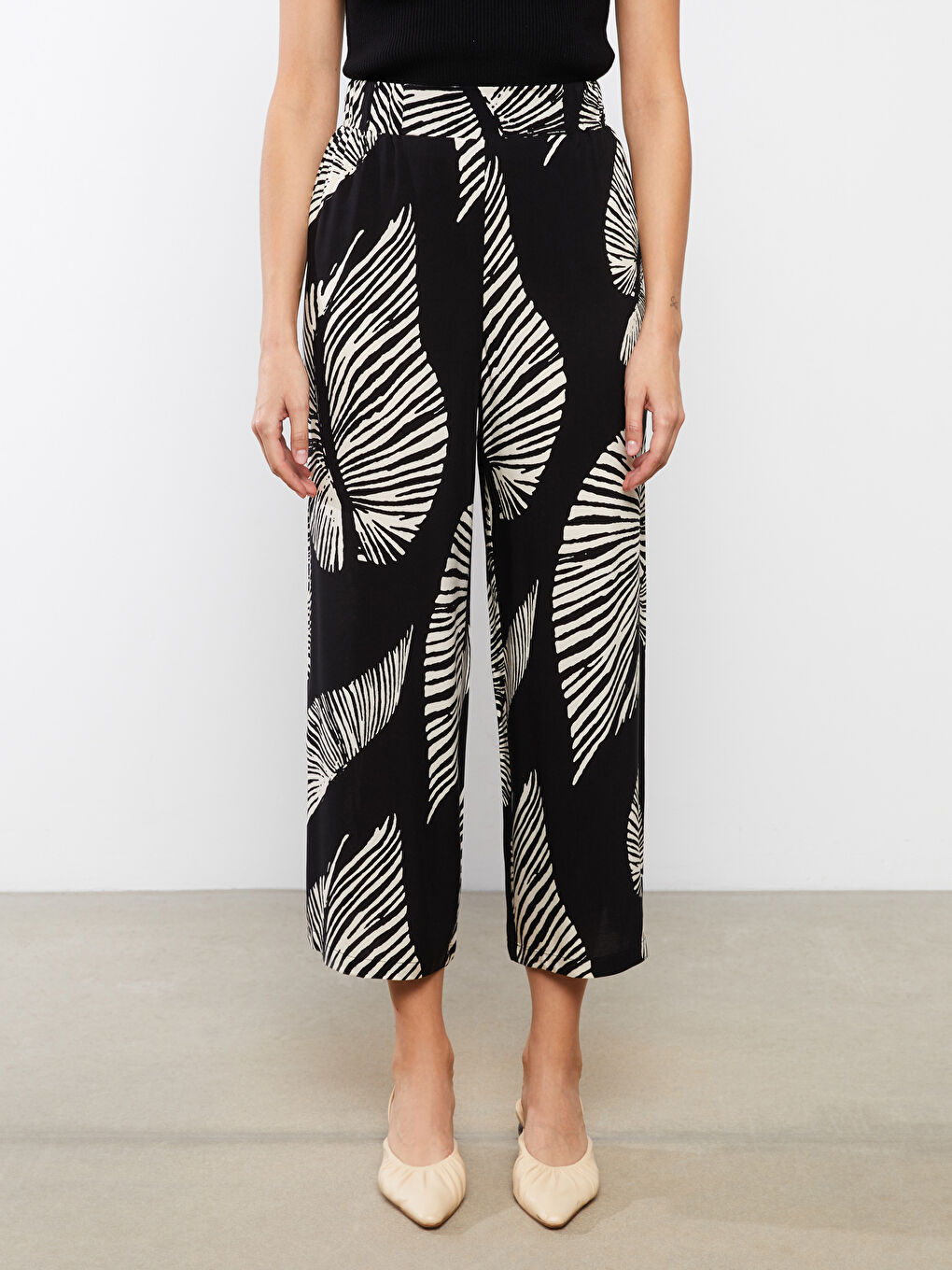 Siyah Beli Lastikli Desenli Kadın Palazzo Pantolon-3