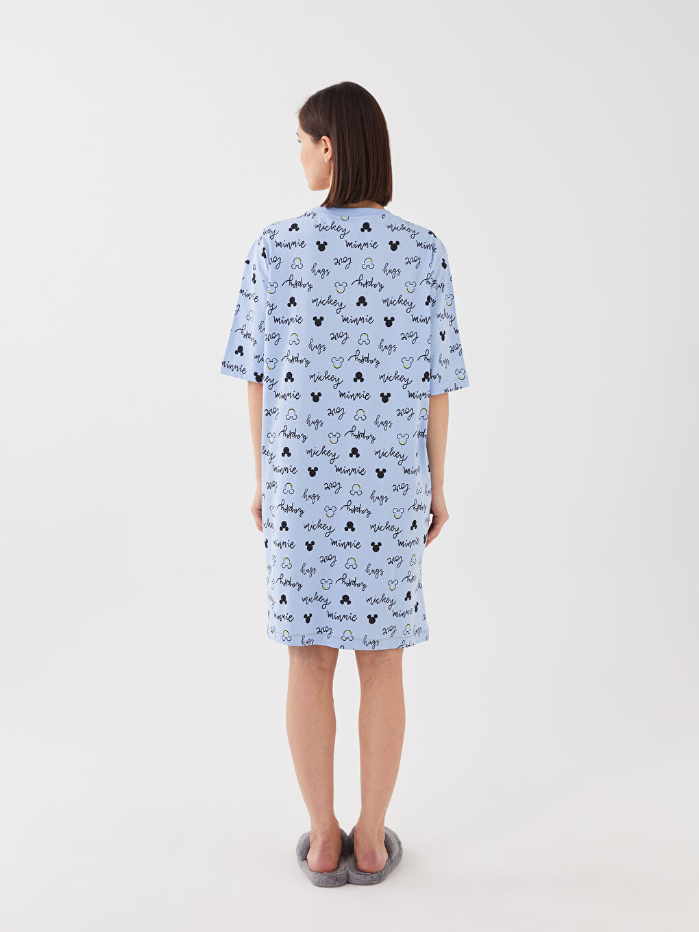 Mavi Bisiklet Yaka Mickey Mouse Baskılı Kadın Gecelik-3