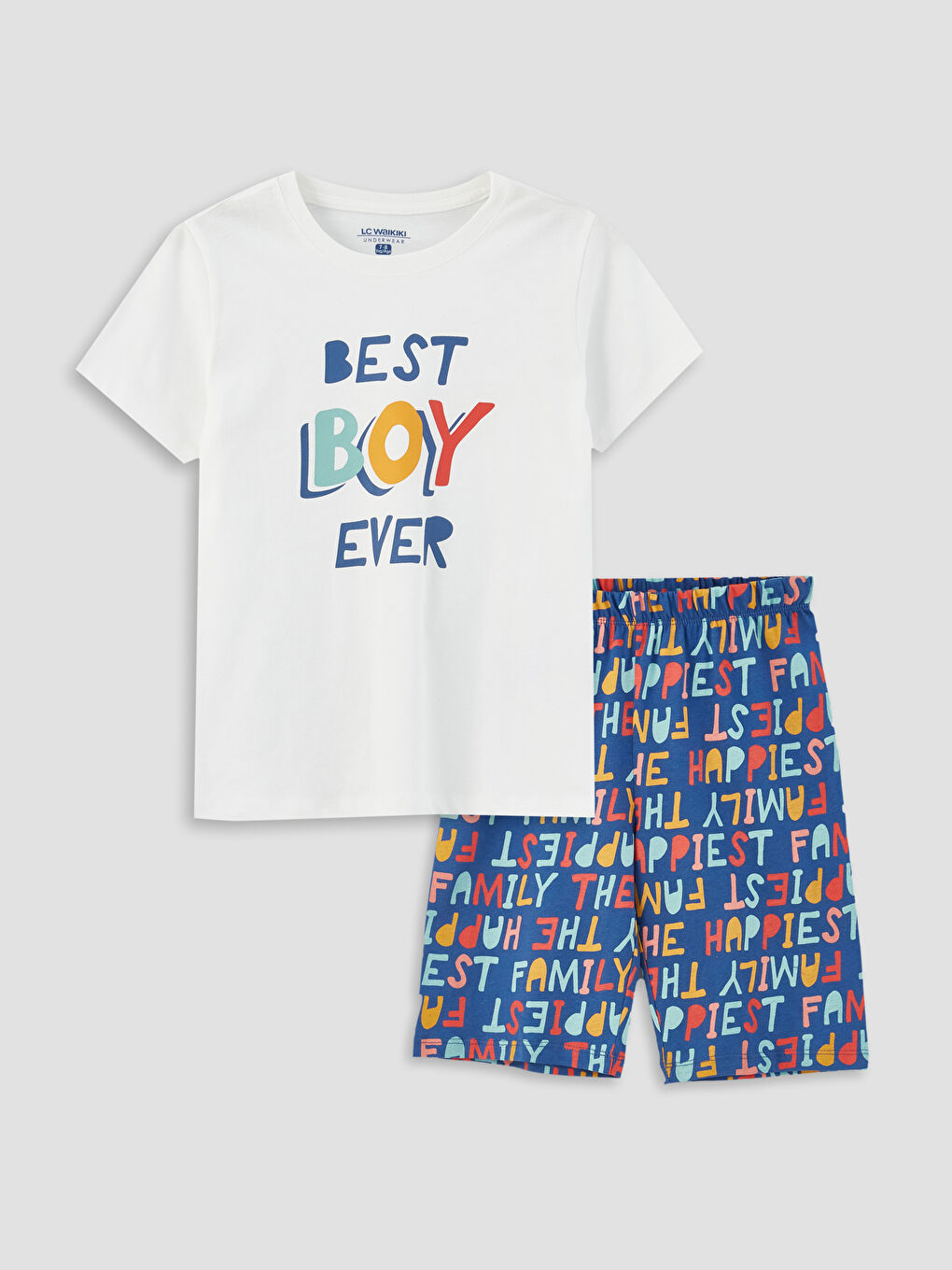 طقم بيجامة شورت بأكمام قصيرة مطبوع بياقة دائرية للأولاد