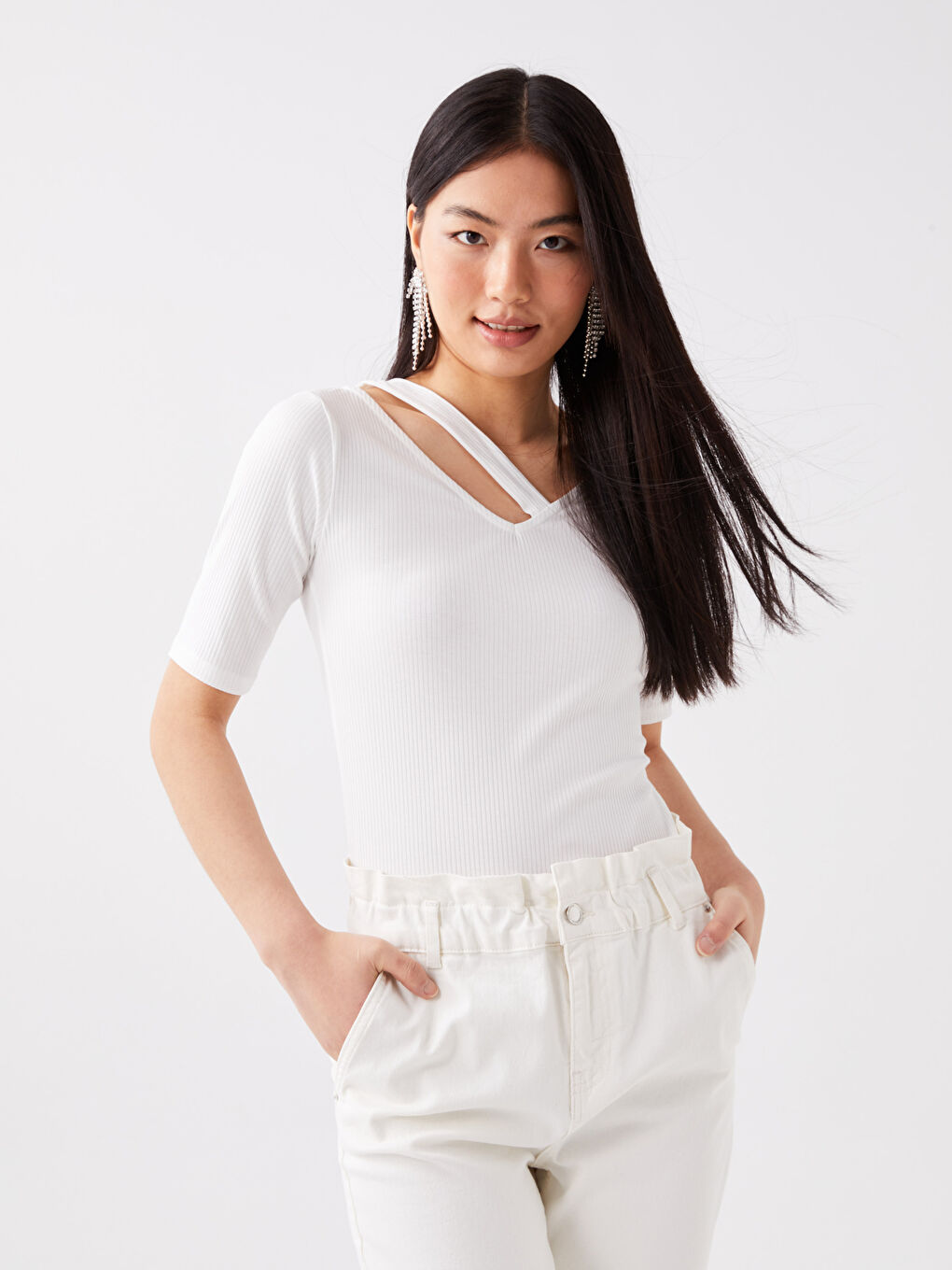 Women V-Neck Straight Short Sleeve T-Shirt-1