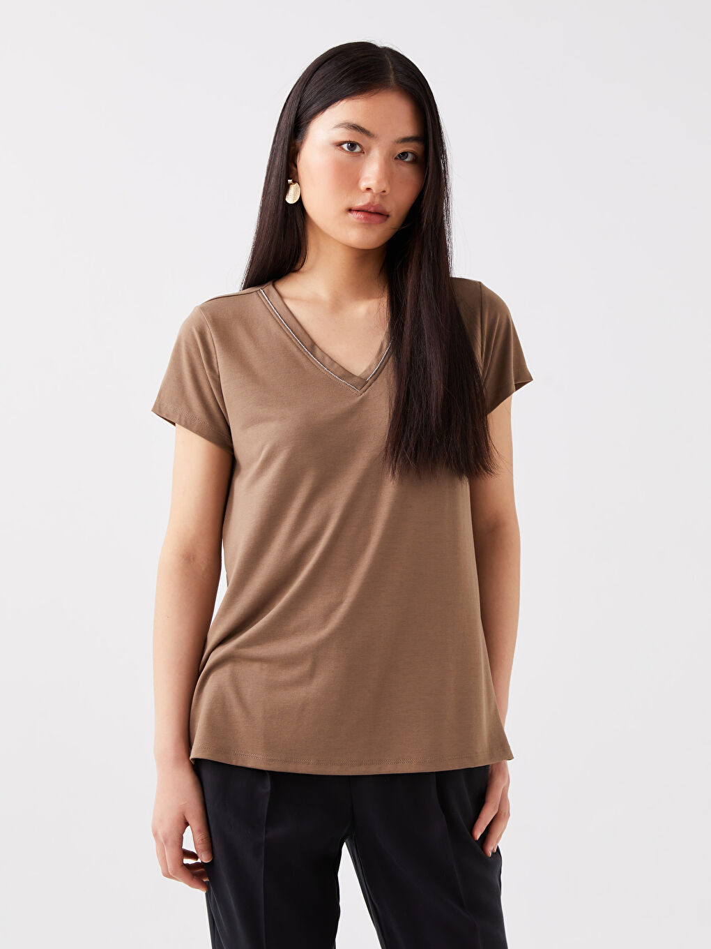 V-Neck Plain Short Sleeve Women's T-Shirt-1
