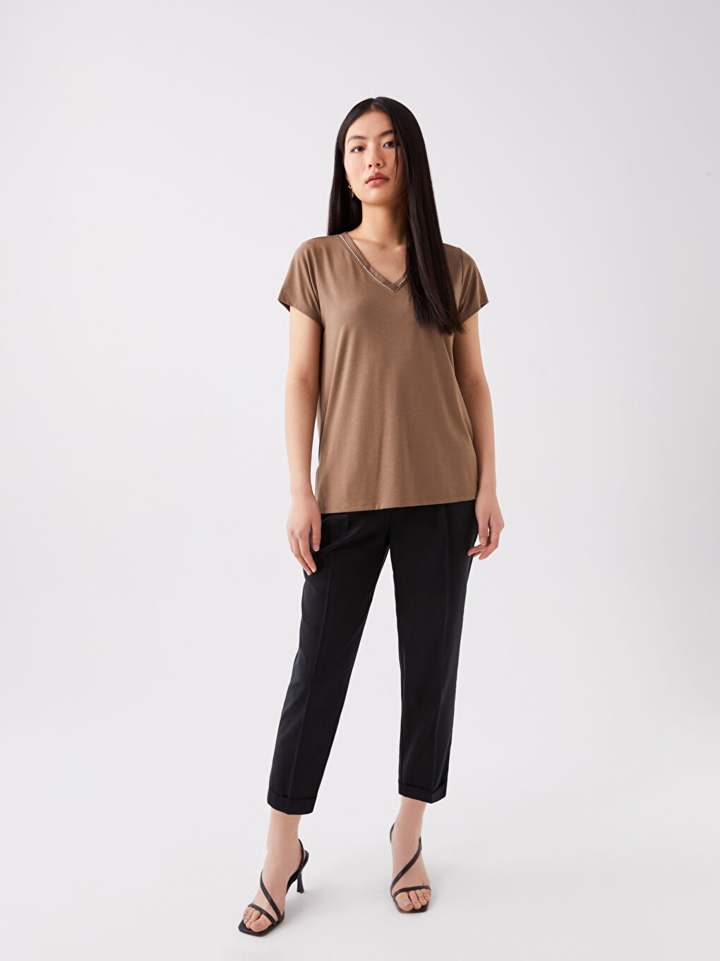 V-Neck Plain Short Sleeve Women's T-Shirt-2