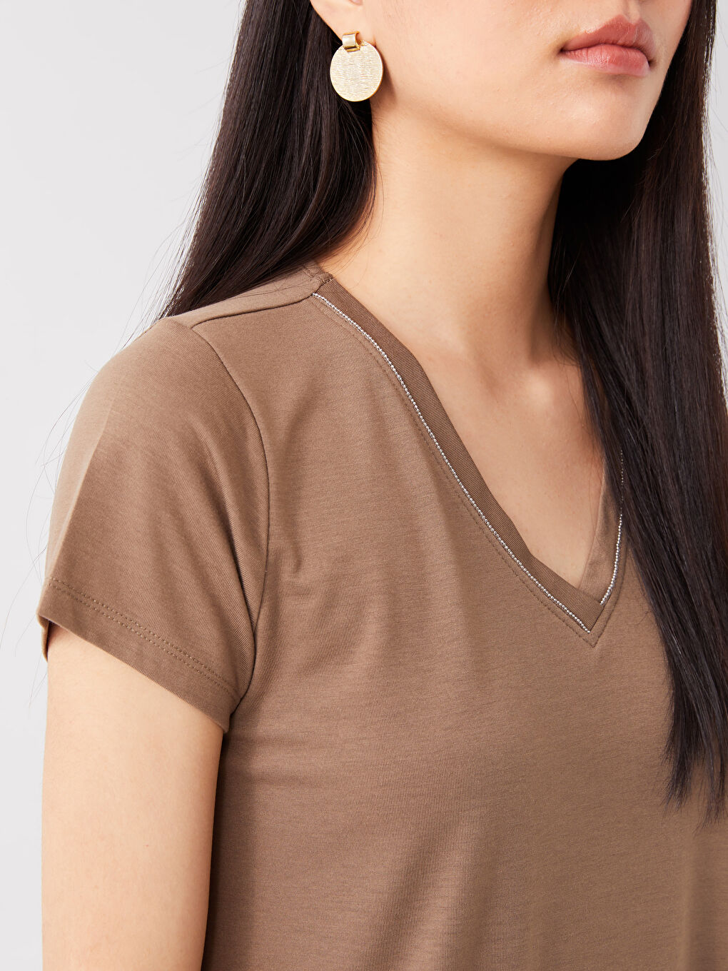 V-Neck Plain Short Sleeve Women's T-Shirt-3