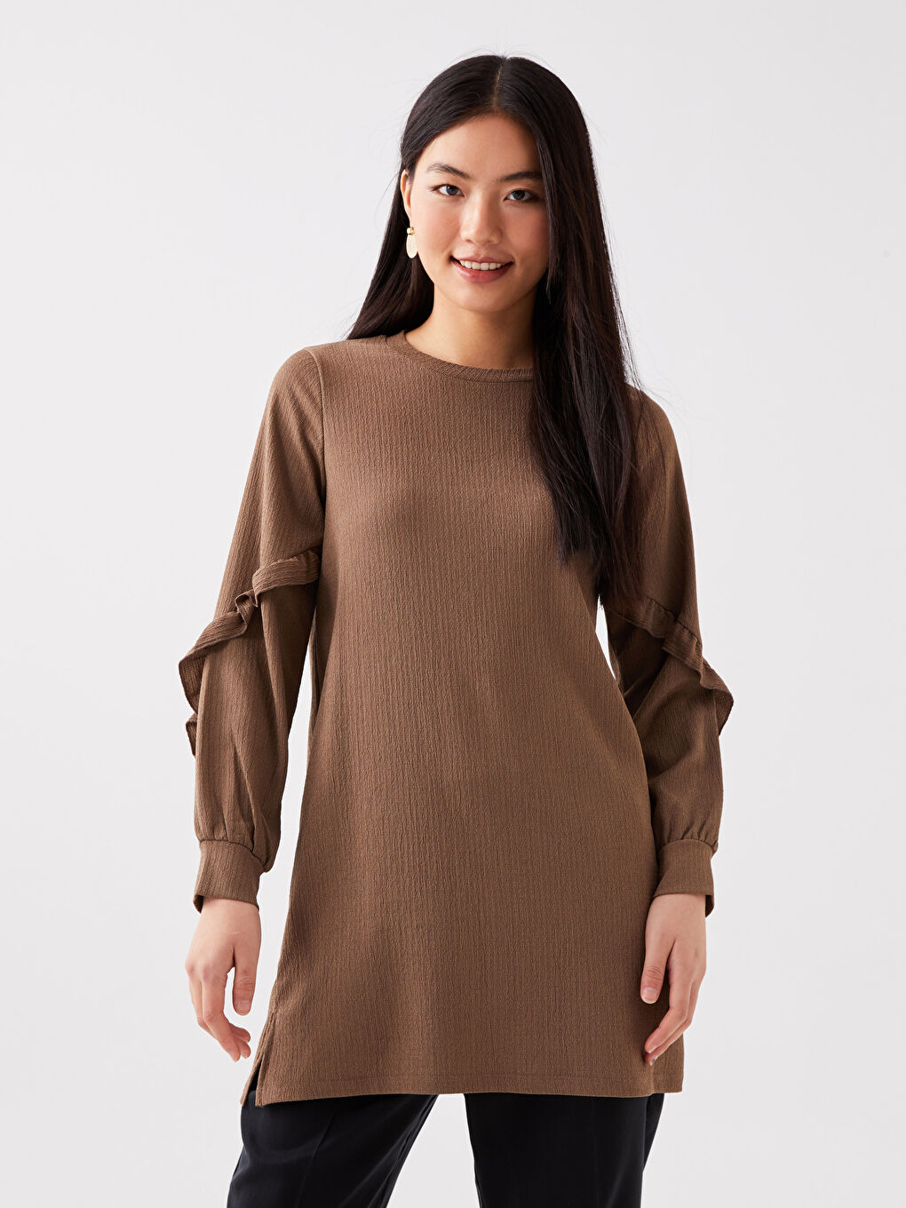 Kahverengi Bisiklet Yaka Düz Uzun Kollu Kadın Tunik