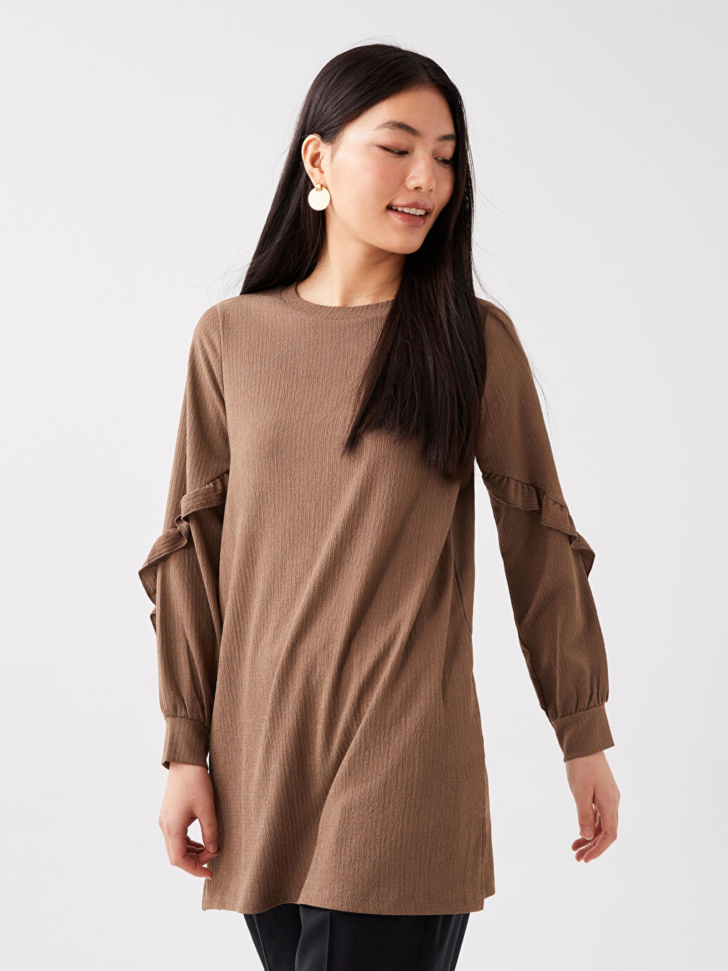 Kahverengi Bisiklet Yaka Düz Uzun Kollu Kadın Tunik-1
