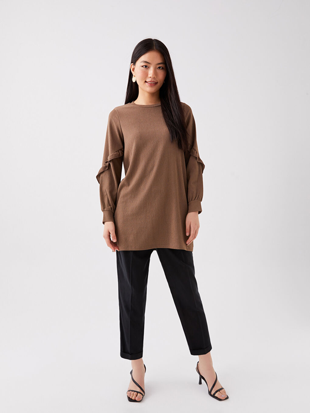 Kahverengi Bisiklet Yaka Düz Uzun Kollu Kadın Tunik-2