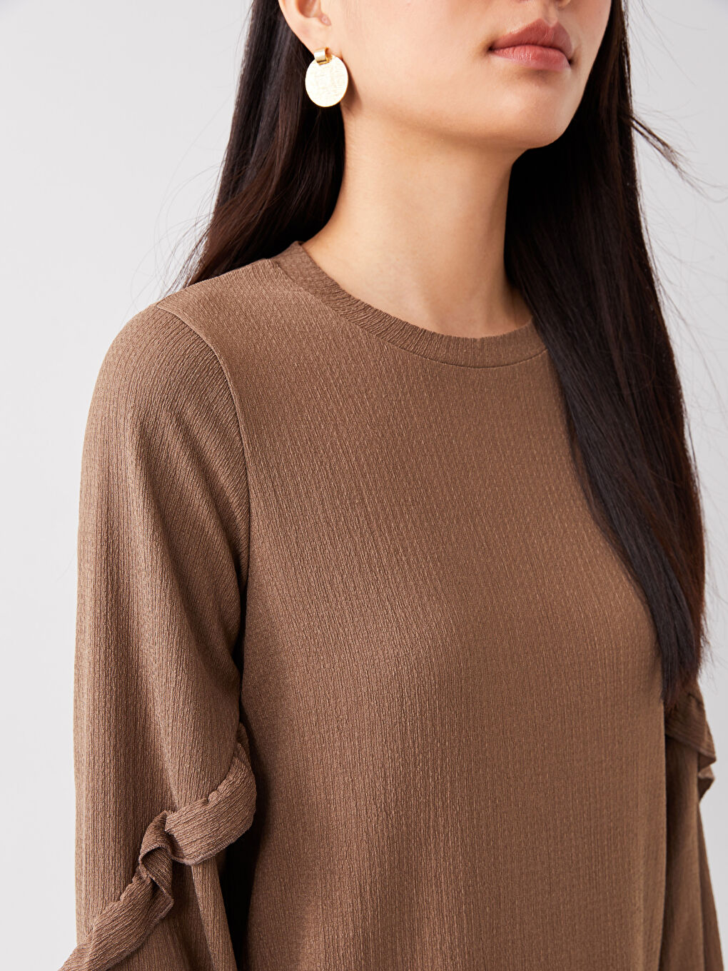 Kahverengi Bisiklet Yaka Düz Uzun Kollu Kadın Tunik-3