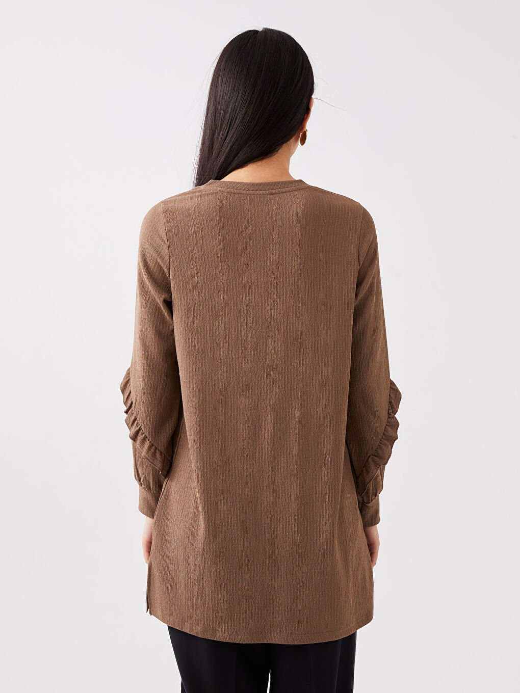 Kahverengi Bisiklet Yaka Düz Uzun Kollu Kadın Tunik-4