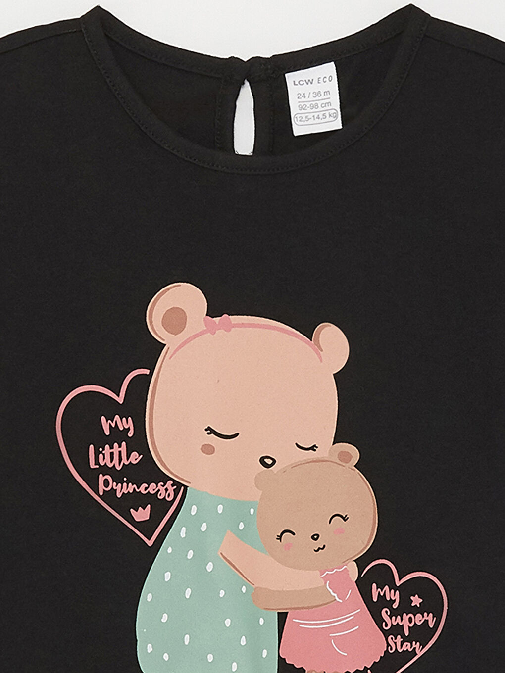 Siyah Bisiklet Yaka Kısa Kollu Baskılı Kız Bebek Tişört-2