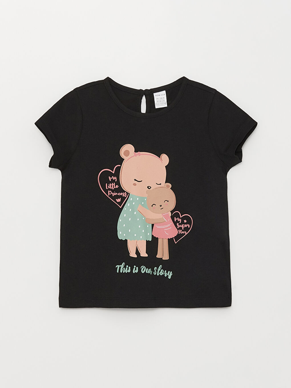 Siyah Bisiklet Yaka Kısa Kollu Baskılı Kız Bebek Tişört