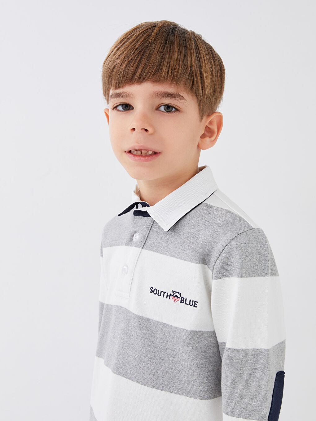 Gri Polo Yaka Çizgili Uzun Kollu Erkek Çocuk Sweatshirt