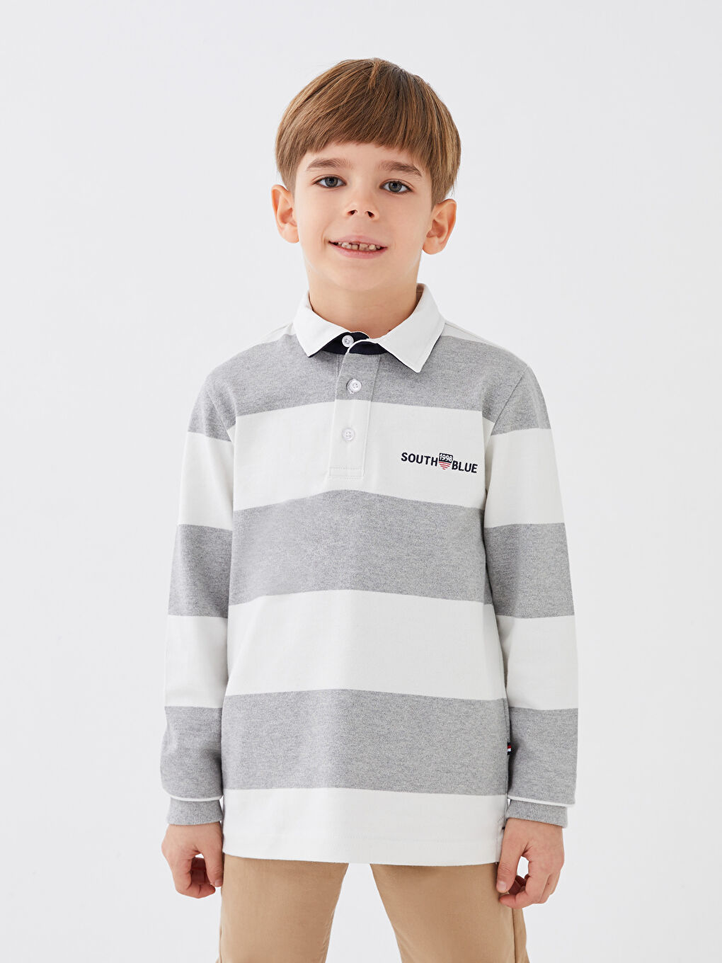 Gri Polo Yaka Çizgili Uzun Kollu Erkek Çocuk Sweatshirt-1