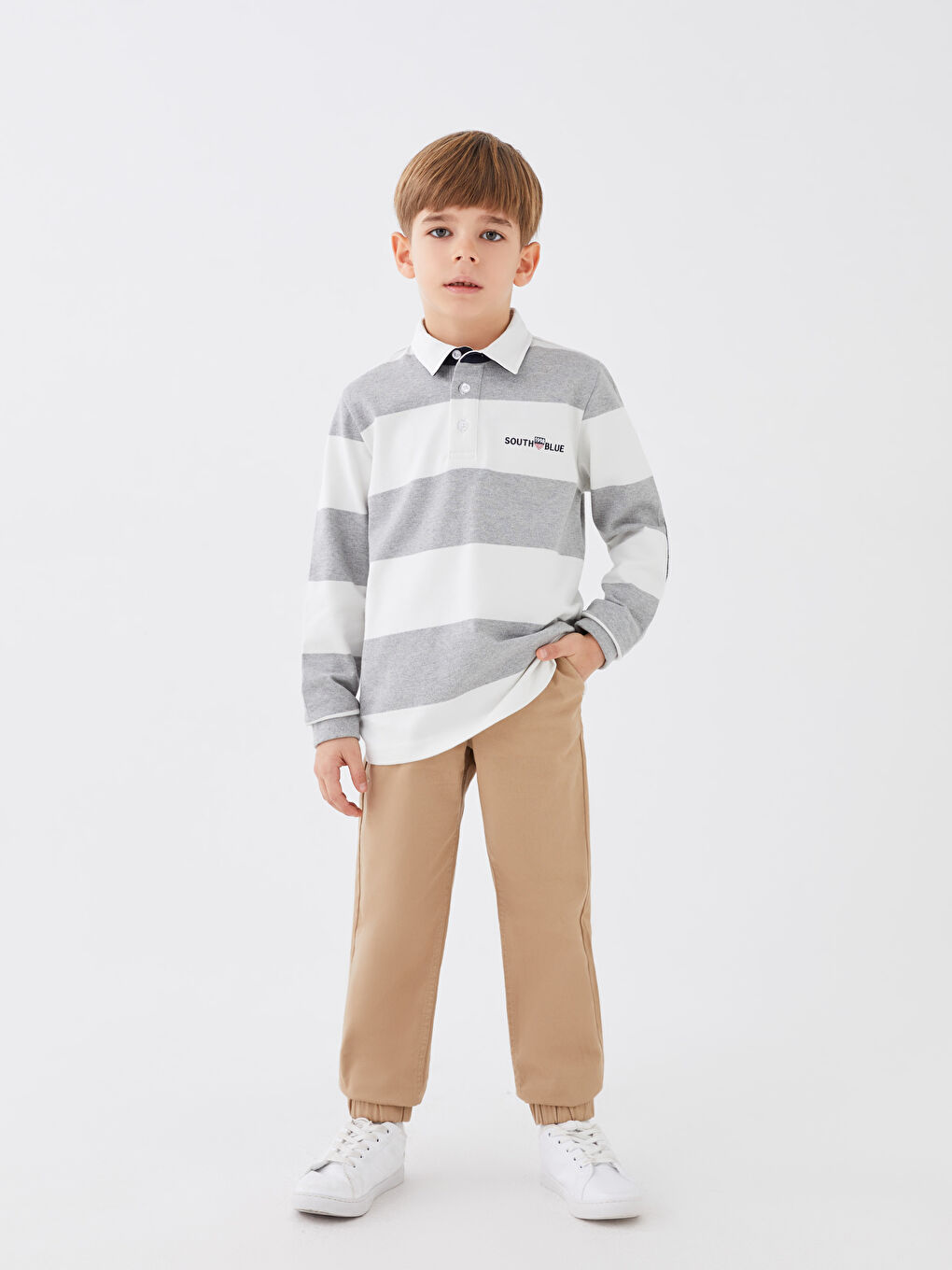 Gri Polo Yaka Çizgili Uzun Kollu Erkek Çocuk Sweatshirt-2