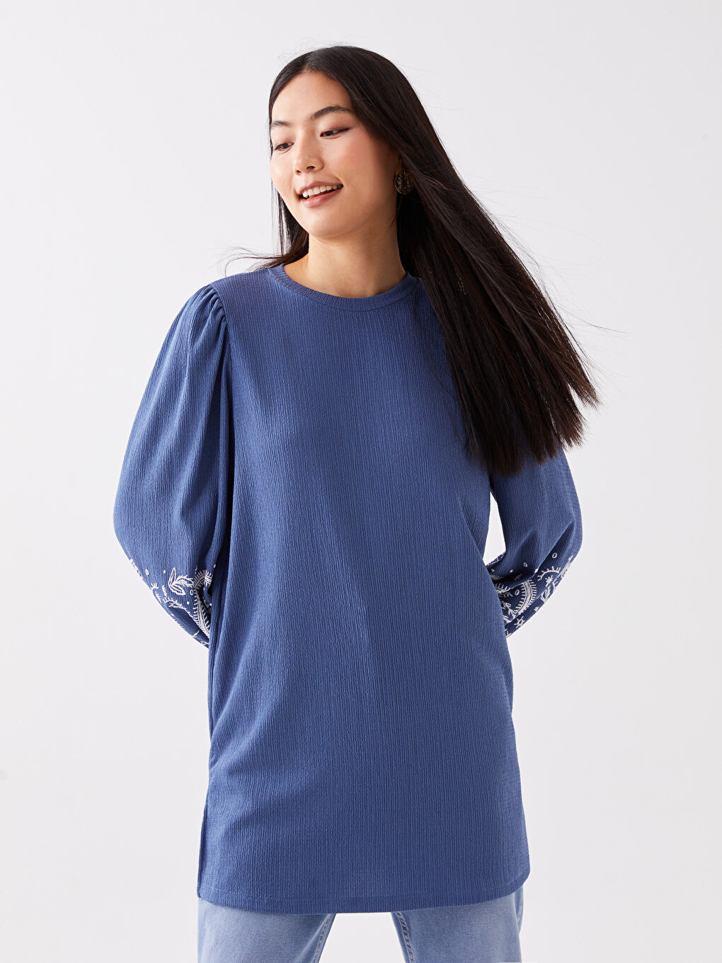 Mavi Bisiklet Yaka Baskılı Uzun Kollu Kadın Tunik