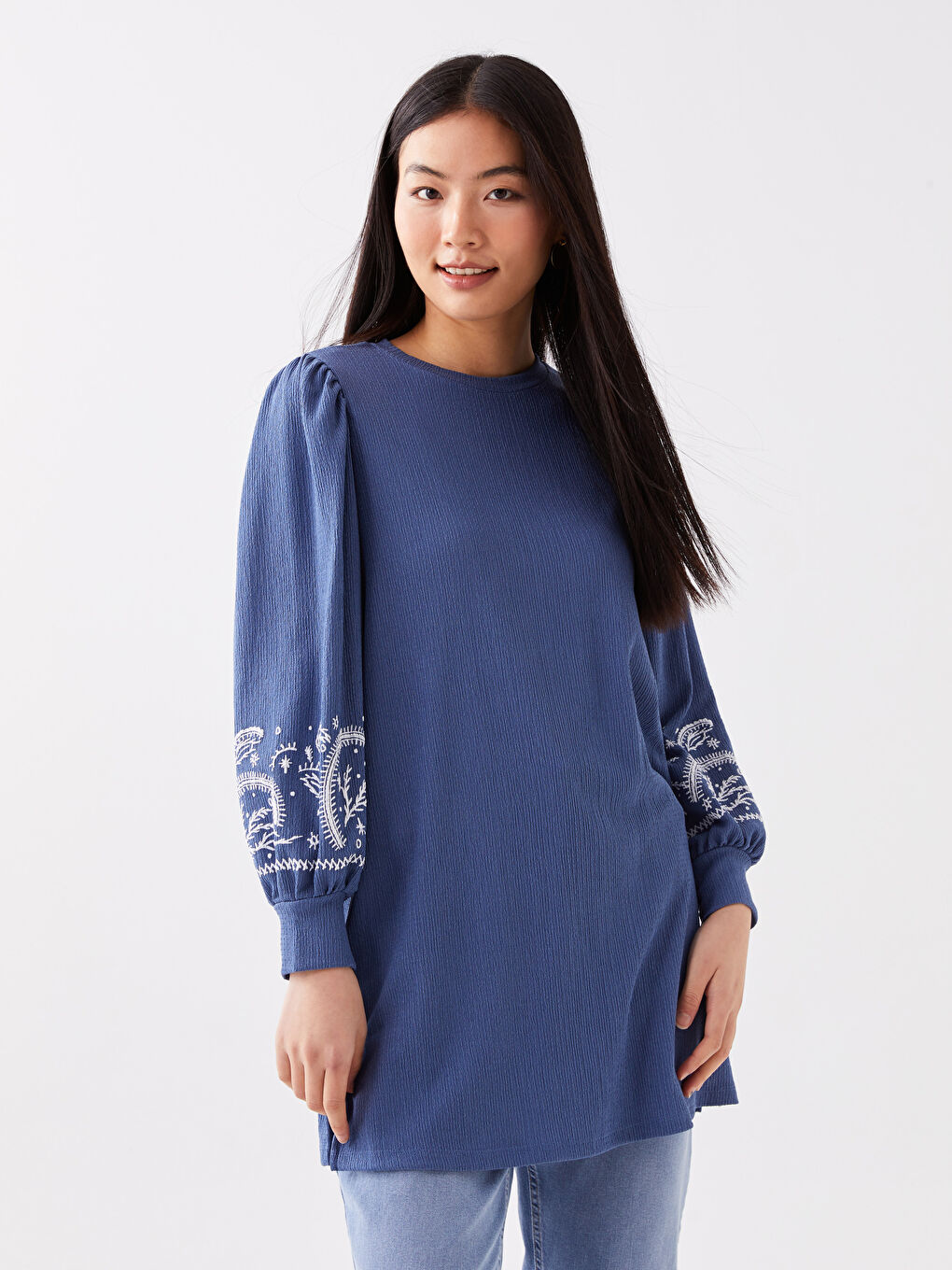 Mavi Bisiklet Yaka Baskılı Uzun Kollu Kadın Tunik-1