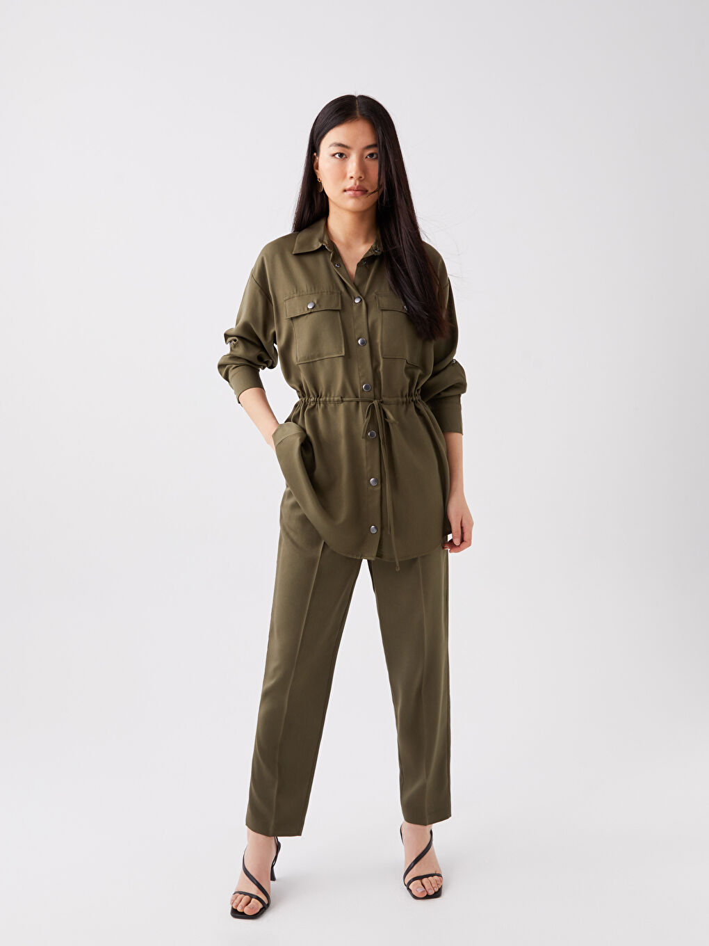 Однотонная рубашка-туника с длинным рукавом оверсайз для женщин-2