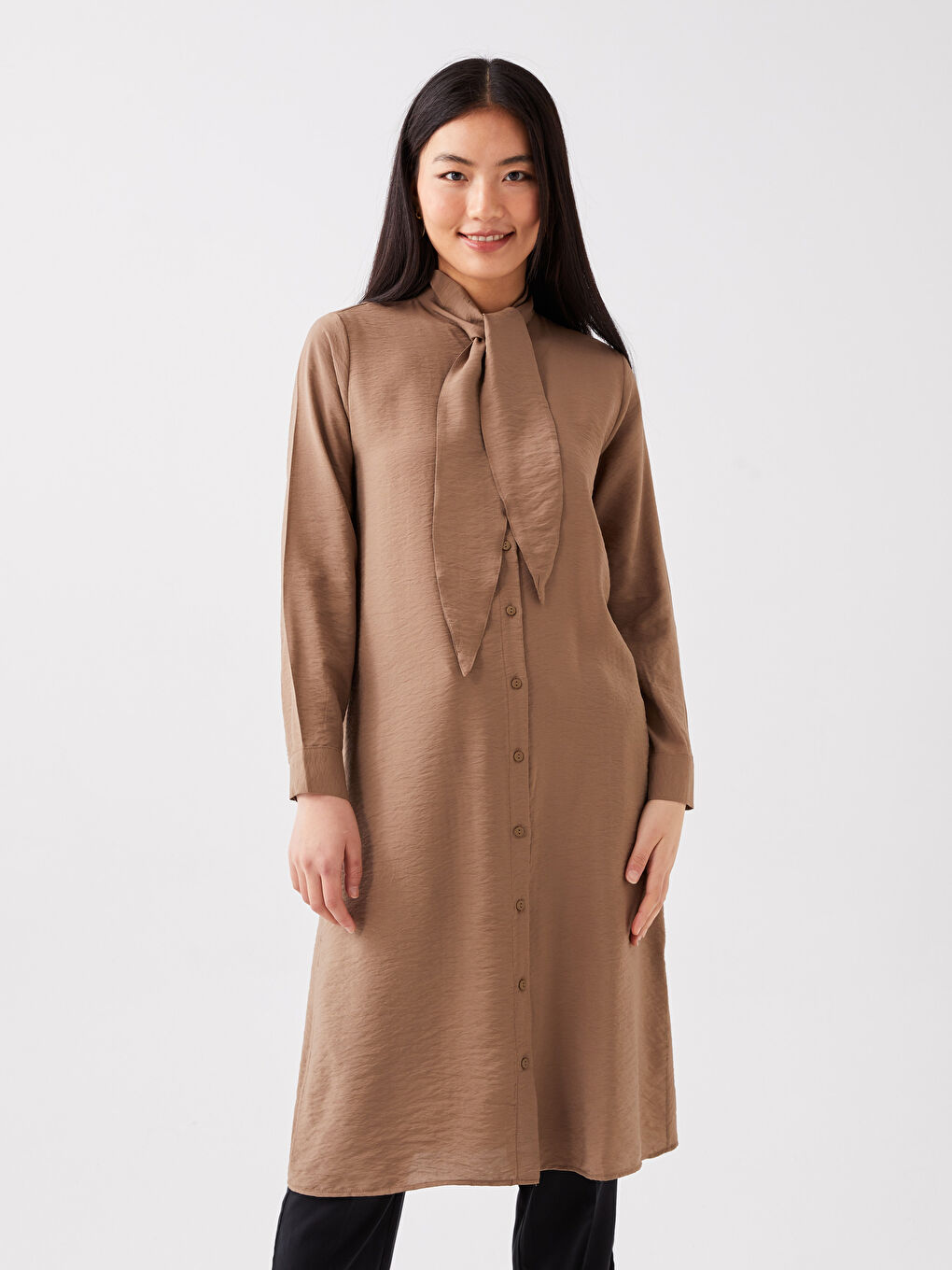 تونيك كم طويل سادة بياقة مربوطة للسيدات-1