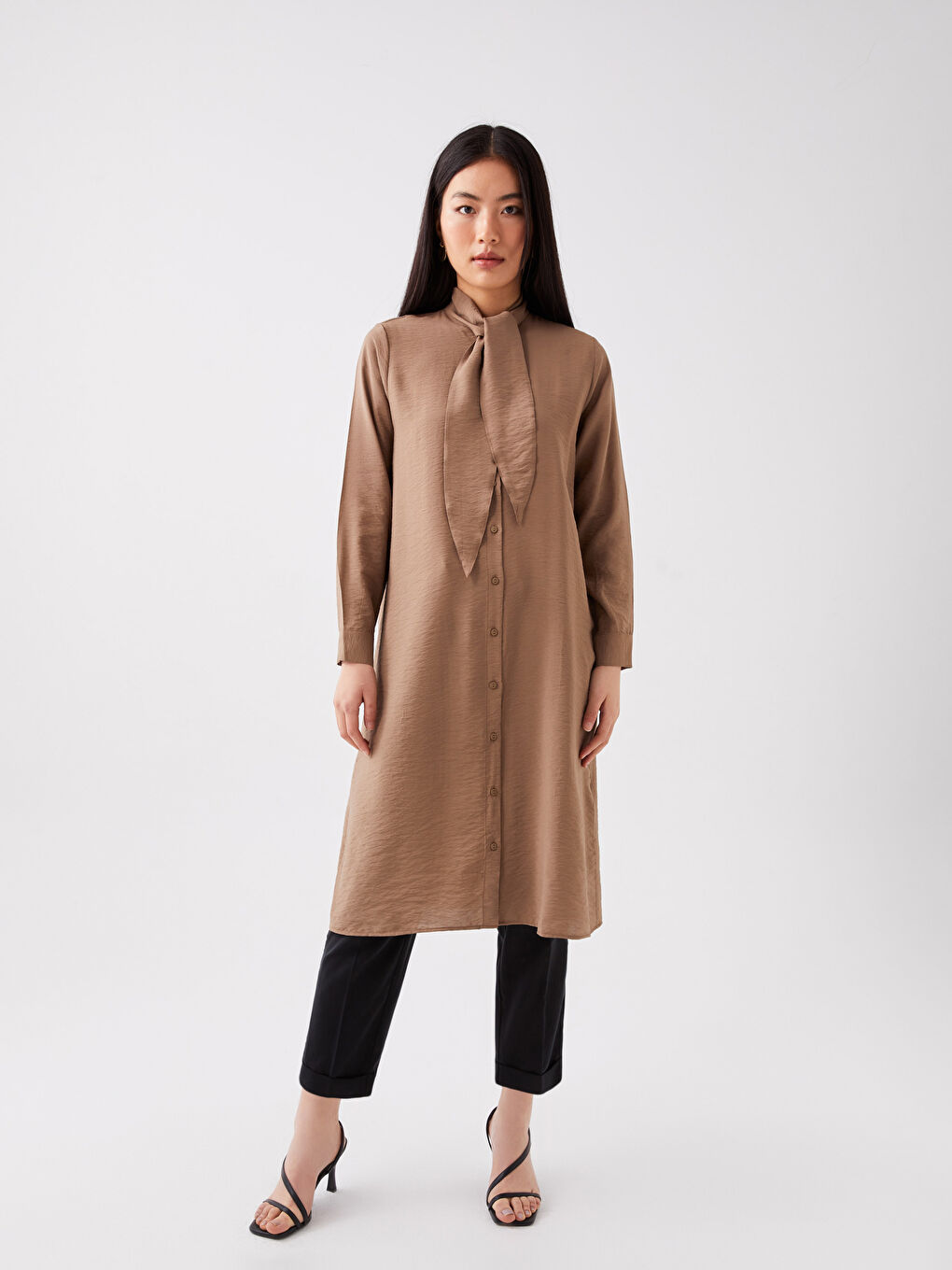 تونيك كم طويل سادة بياقة مربوطة للسيدات-2