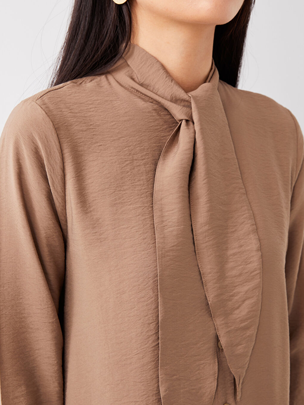 تونيك كم طويل سادة بياقة مربوطة للسيدات-3