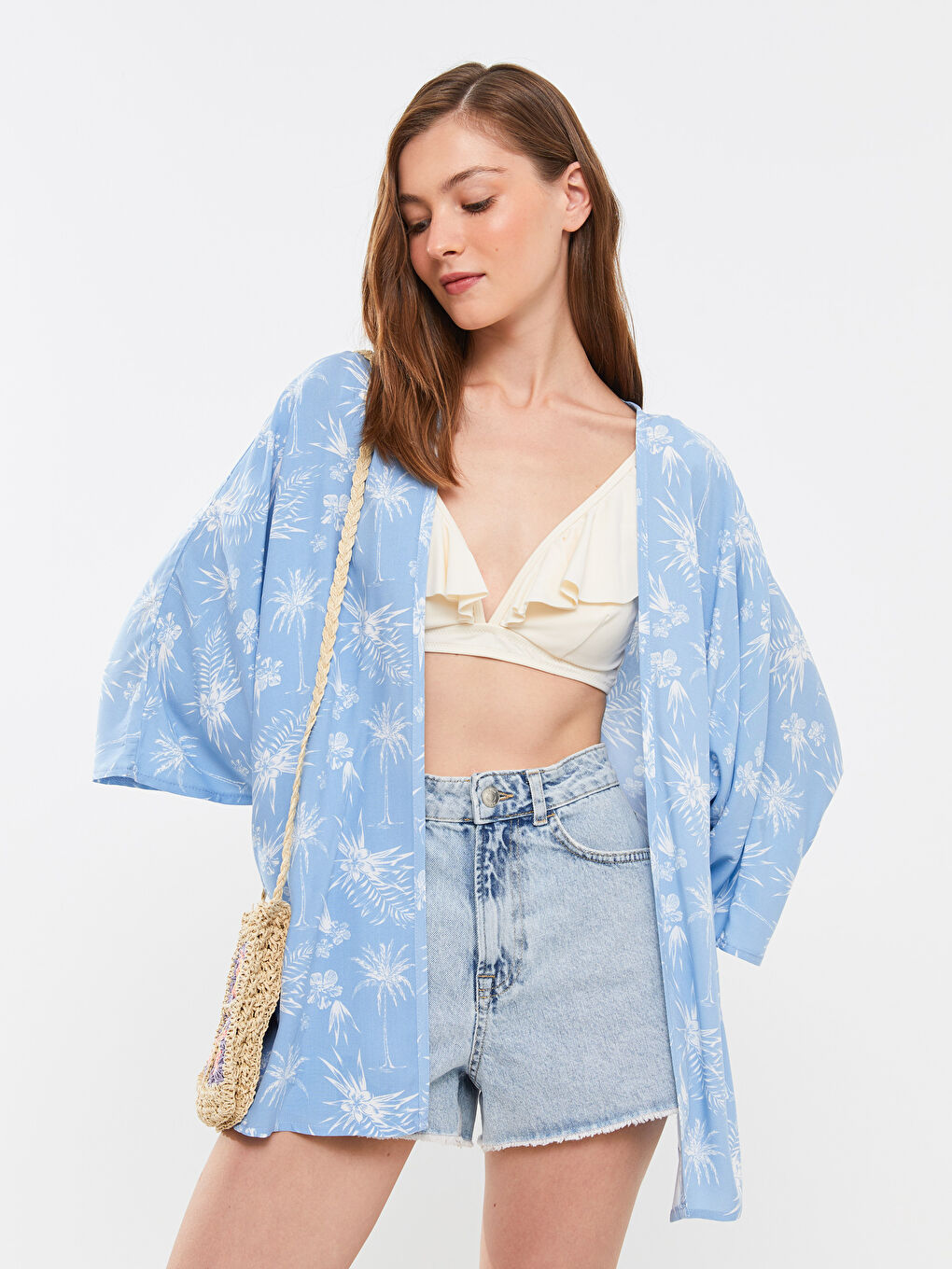 Mavi Şal Yaka Desenli Viskon Kadın Plaj Elbisesi