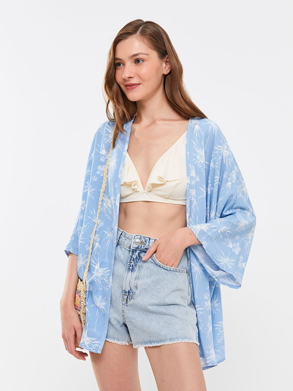 Mavi Şal Yaka Desenli Viskon Kadın Plaj Elbisesi-2