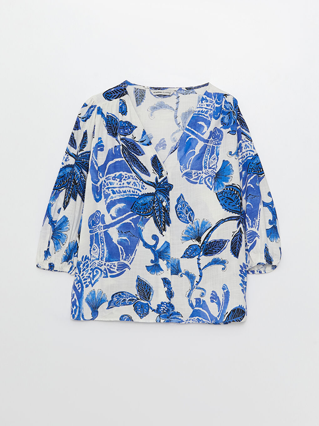 Mavi V Yaka Desenli Kadın Bluz-6