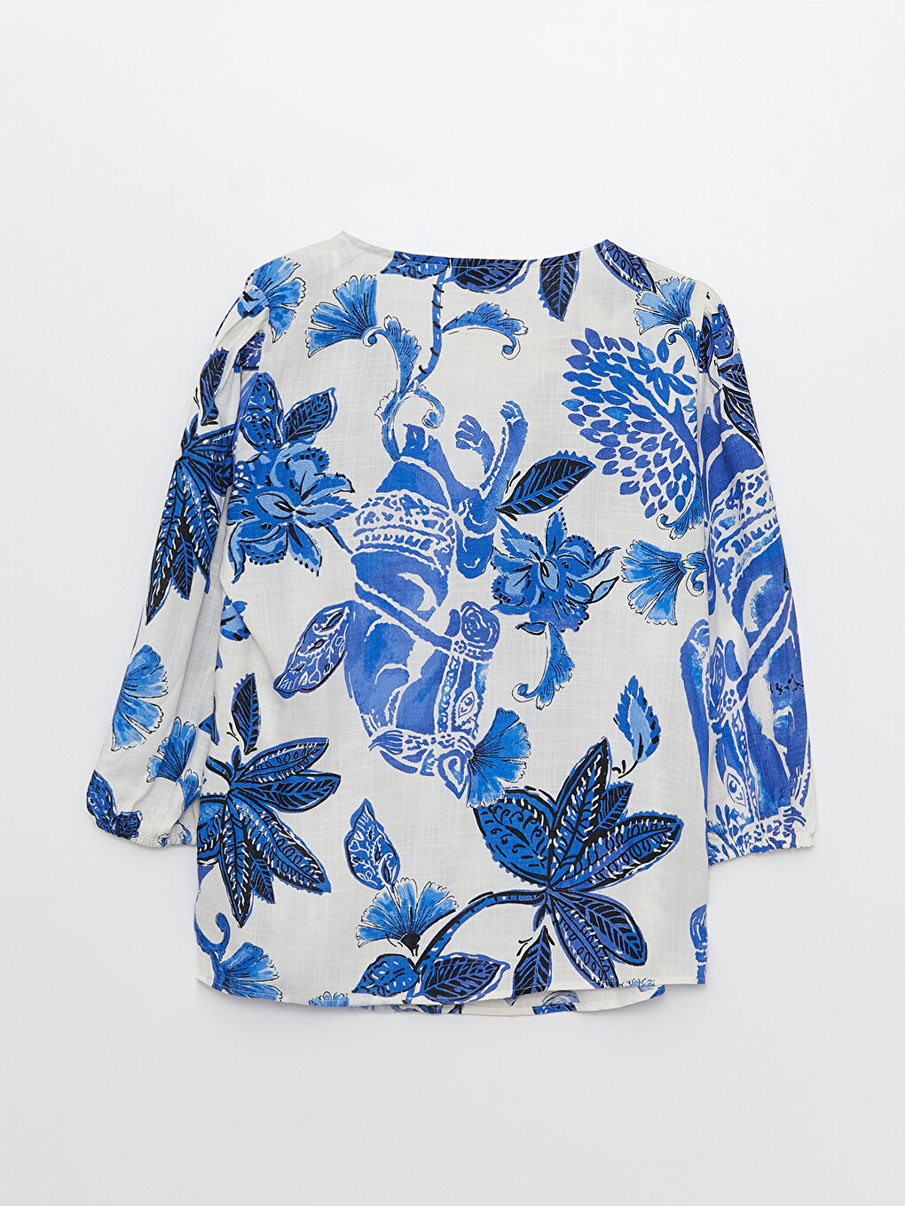 Mavi V Yaka Desenli Kadın Bluz-7