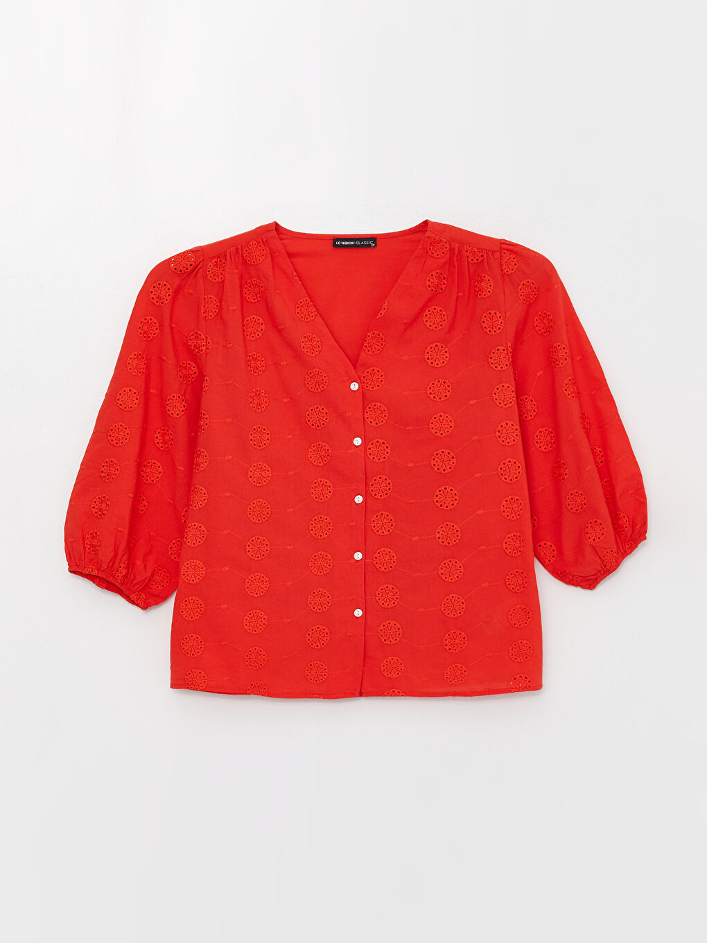 Kırmızı V Yaka Kendinden Desenli Brode Kadın Bluz-5