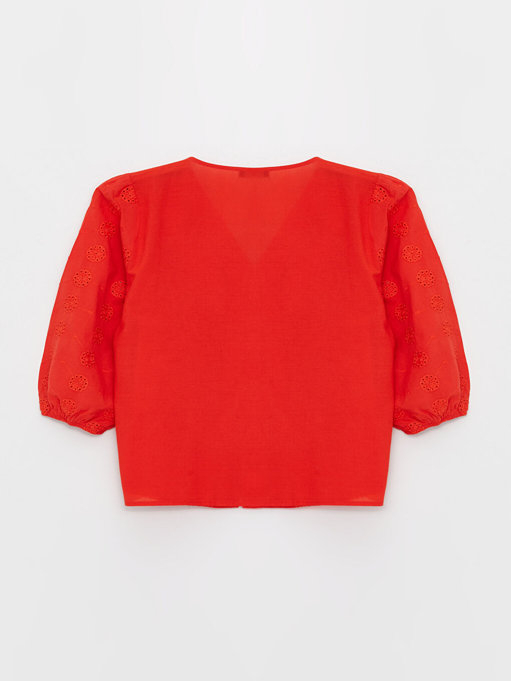 Kırmızı V Yaka Kendinden Desenli Brode Kadın Bluz-6