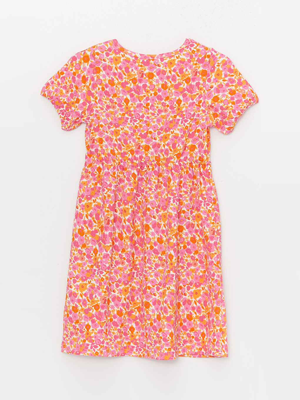 Pembe Bisiklet Yaka Desenli Kısa Kollu Kız Çocuk Elbise-1