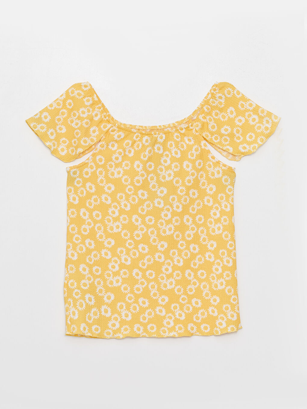 Sarı U Yaka Desenli Kısa Kollu Kız Çocuk Bluz-1