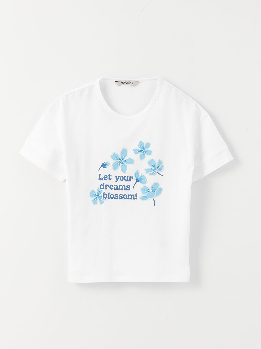 Beyaz Bisiklet Yaka Baskılı Kısa Kollu Kız Çocuk Tişört