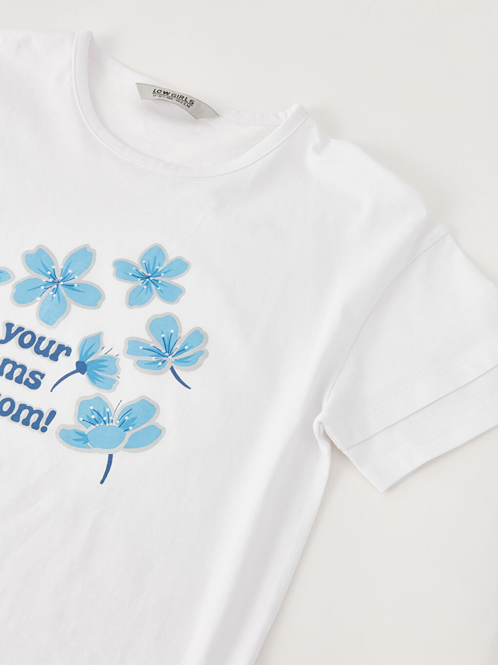 Beyaz Bisiklet Yaka Baskılı Kısa Kollu Kız Çocuk Tişört-2