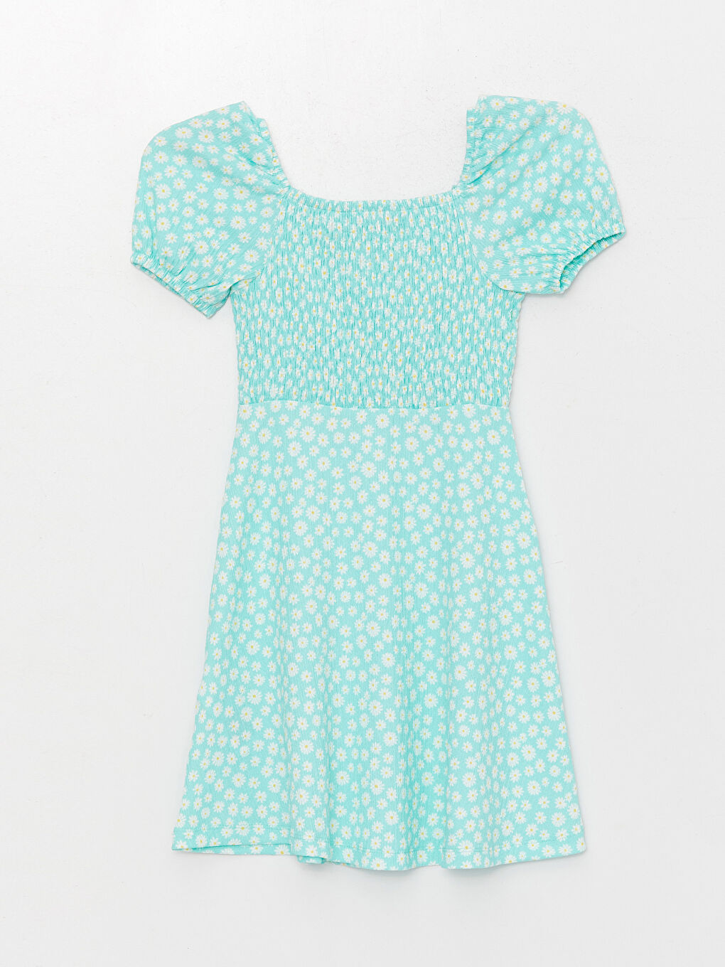 Square Neck Patterned Short Sleeve Girls' Dress-1