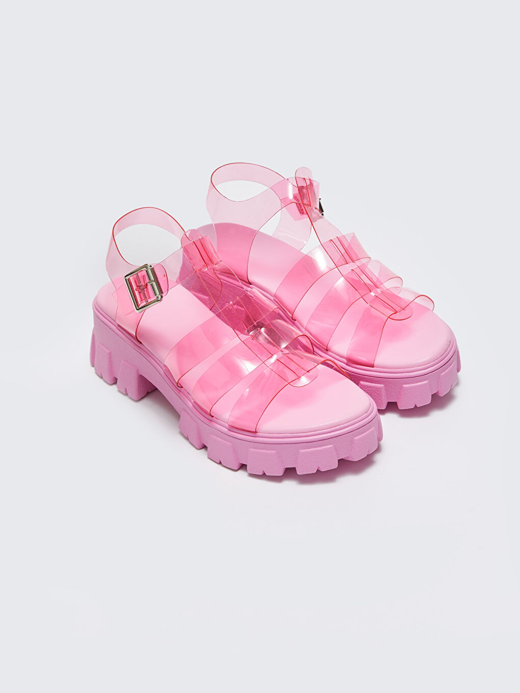 Fuşya Şeffaf Bantlı Platform Topuklu Kadın Sandalet