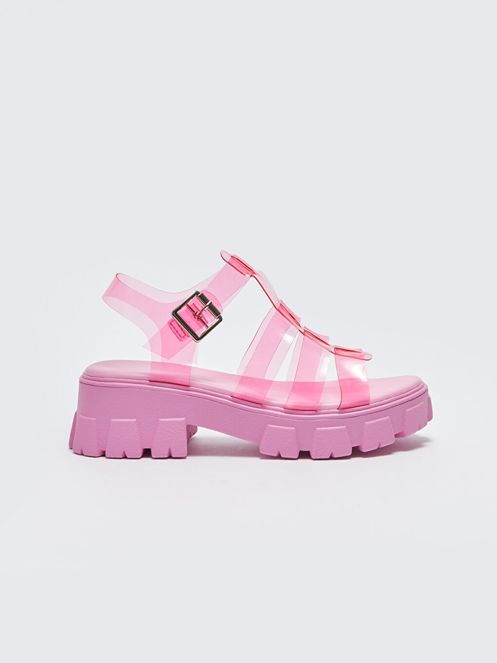 Fuşya Şeffaf Bantlı Platform Topuklu Kadın Sandalet-1