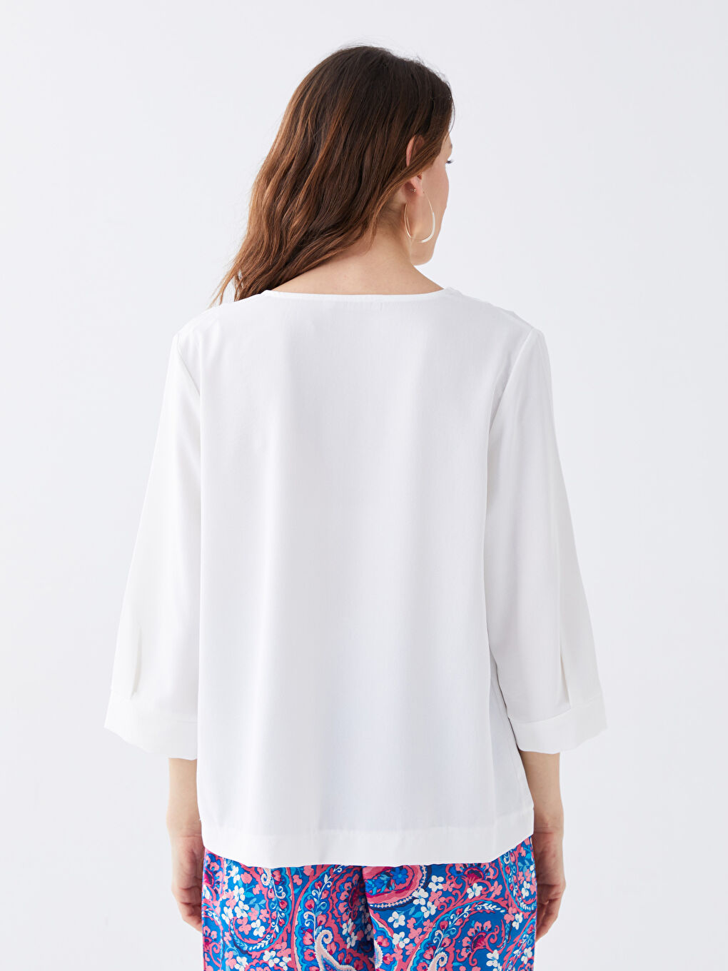 Ekru Kadın Kaçık Yaka Düz Bluz-4