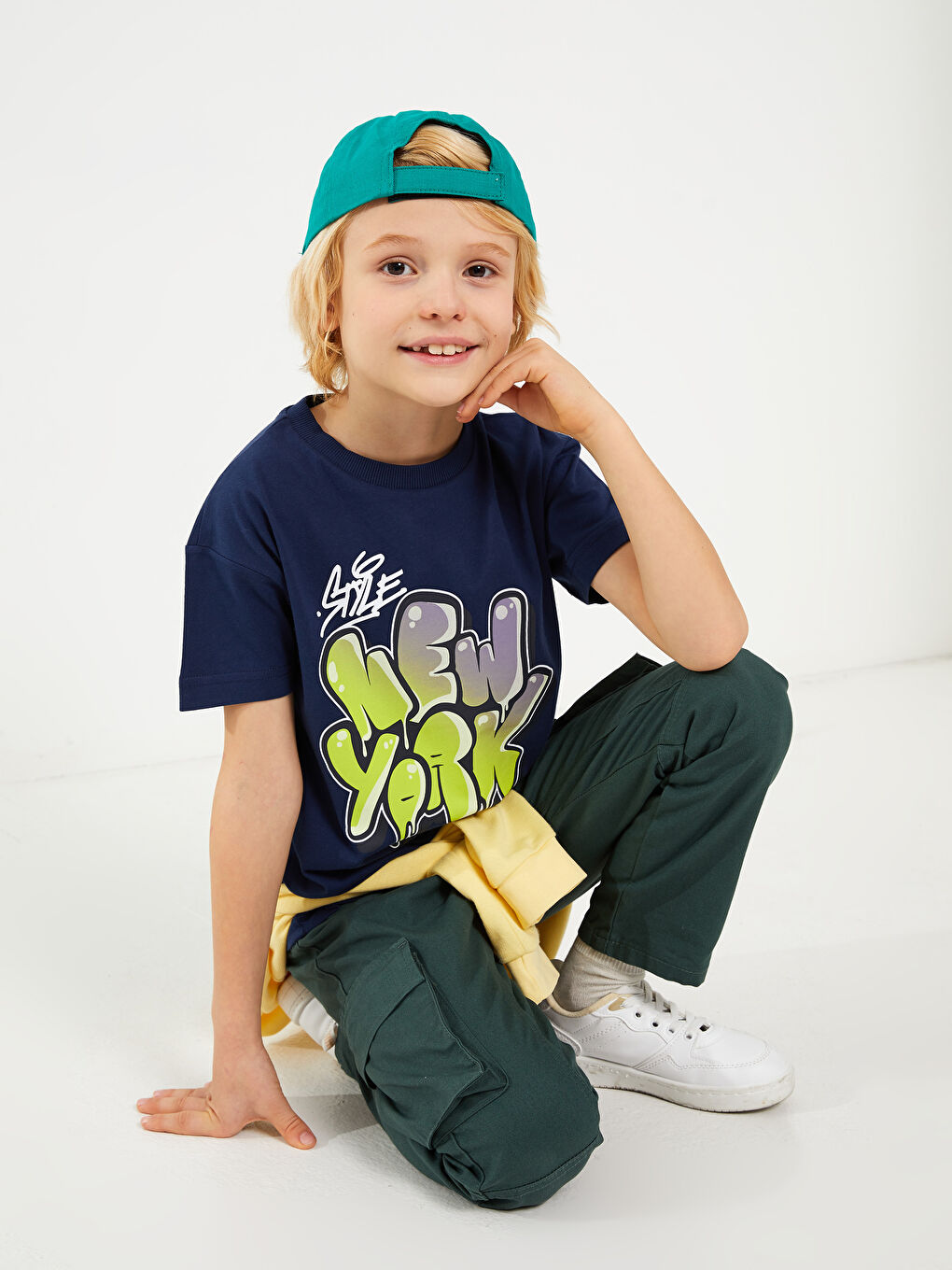 Lacivert Rahat Kalıp Bisiklet Yaka Baskılı Erkek Çocuk Tişört-1