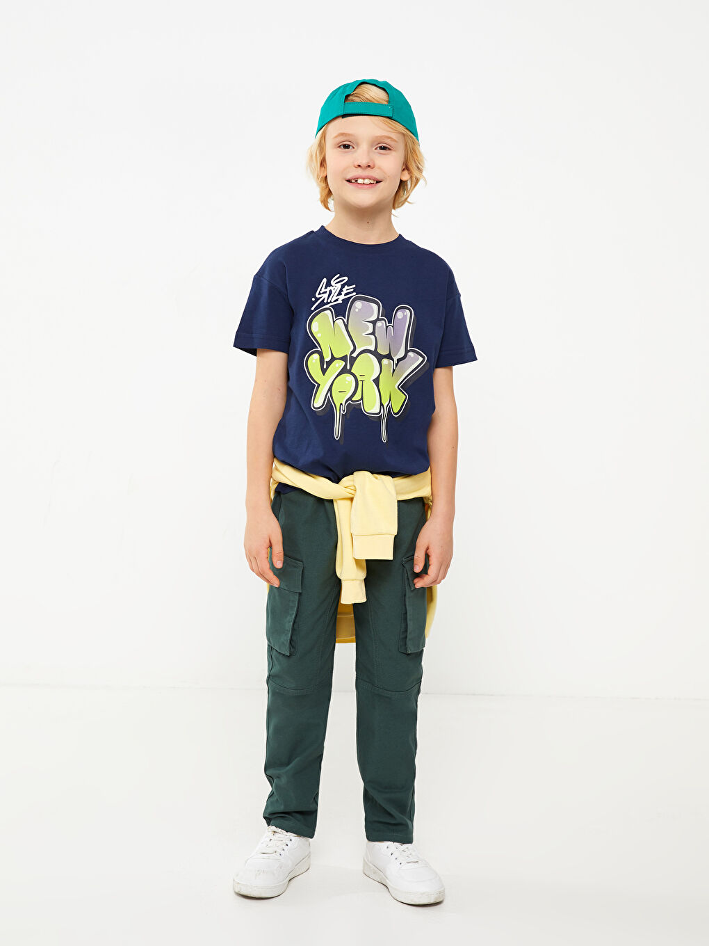 Lacivert Rahat Kalıp Bisiklet Yaka Baskılı Erkek Çocuk Tişört-2