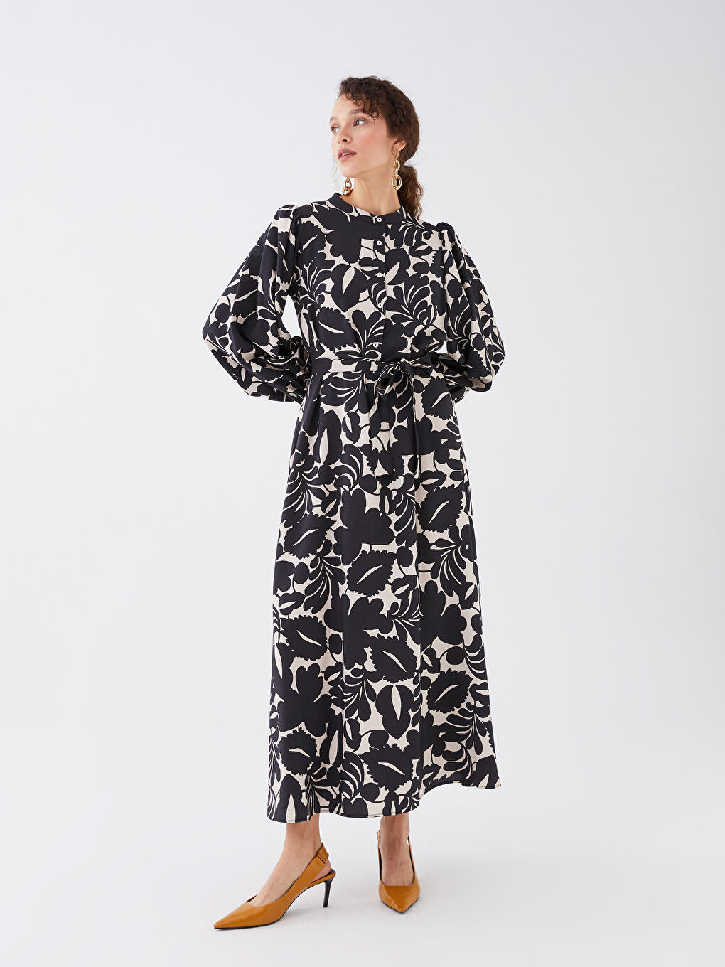 Siyah Bisiklet Yaka Desenli Uzun Kollu Kadın Gömlek Elbise