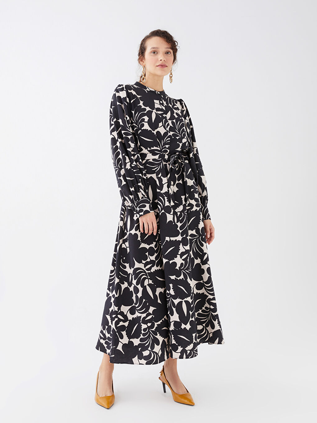 Siyah Bisiklet Yaka Desenli Uzun Kollu Kadın Gömlek Elbise-1