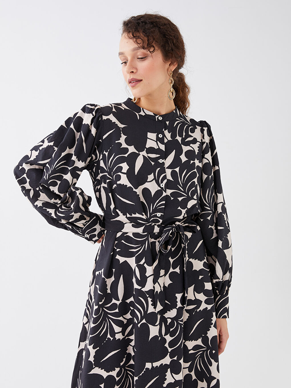 Siyah Bisiklet Yaka Desenli Uzun Kollu Kadın Gömlek Elbise-2