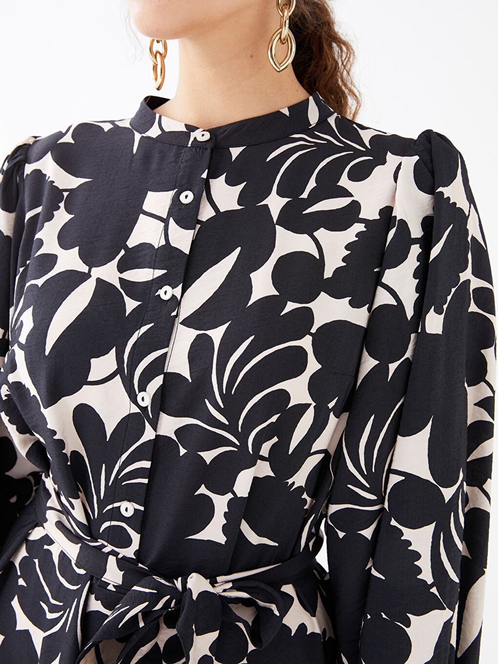 Siyah Bisiklet Yaka Desenli Uzun Kollu Kadın Gömlek Elbise-3