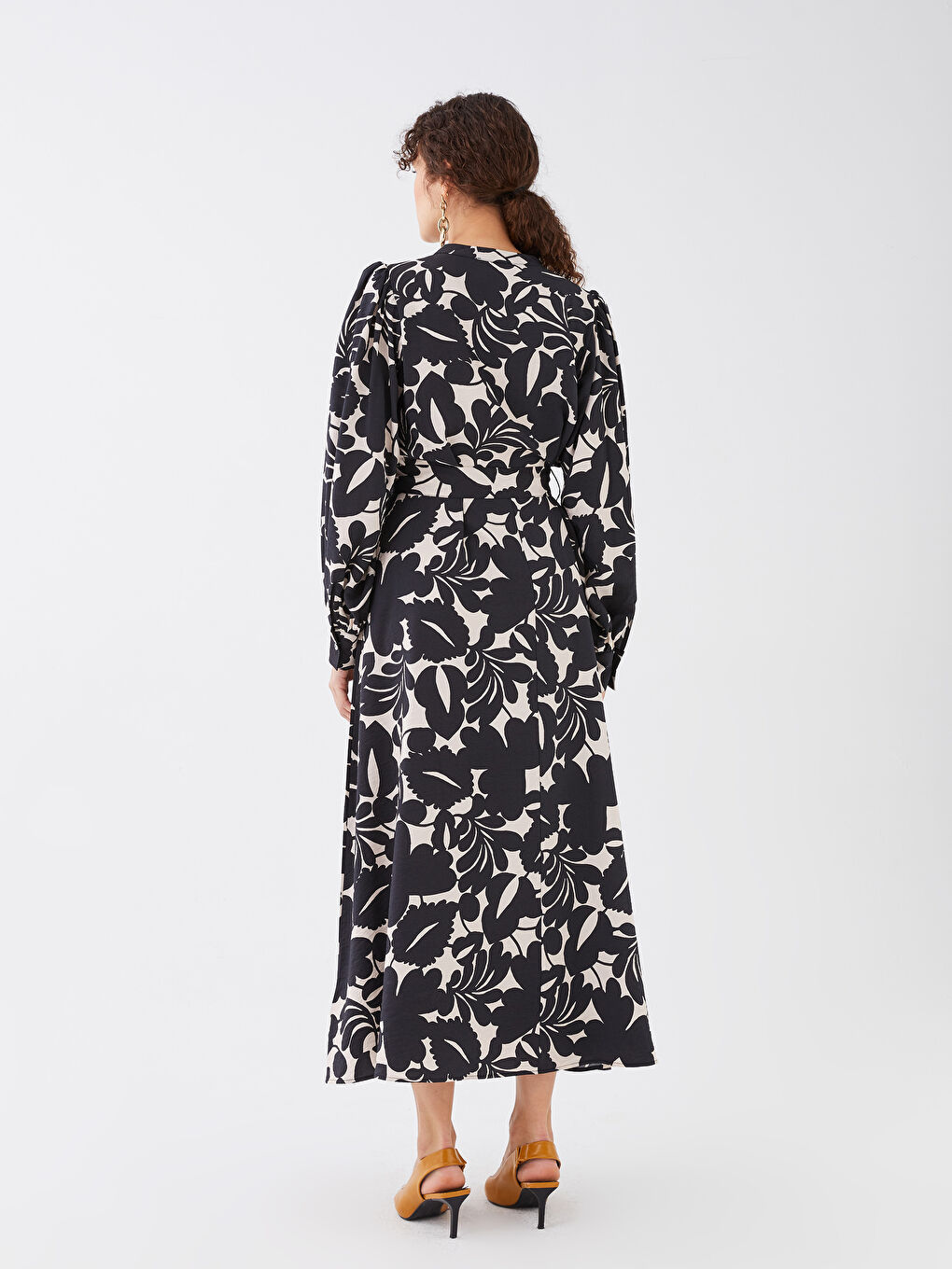 Siyah Bisiklet Yaka Desenli Uzun Kollu Kadın Gömlek Elbise-4