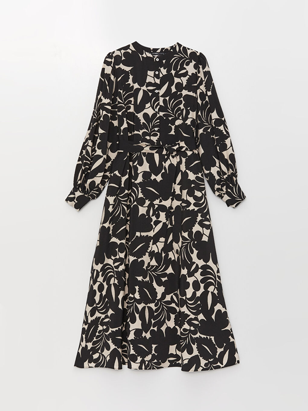 Siyah Bisiklet Yaka Desenli Uzun Kollu Kadın Gömlek Elbise-5